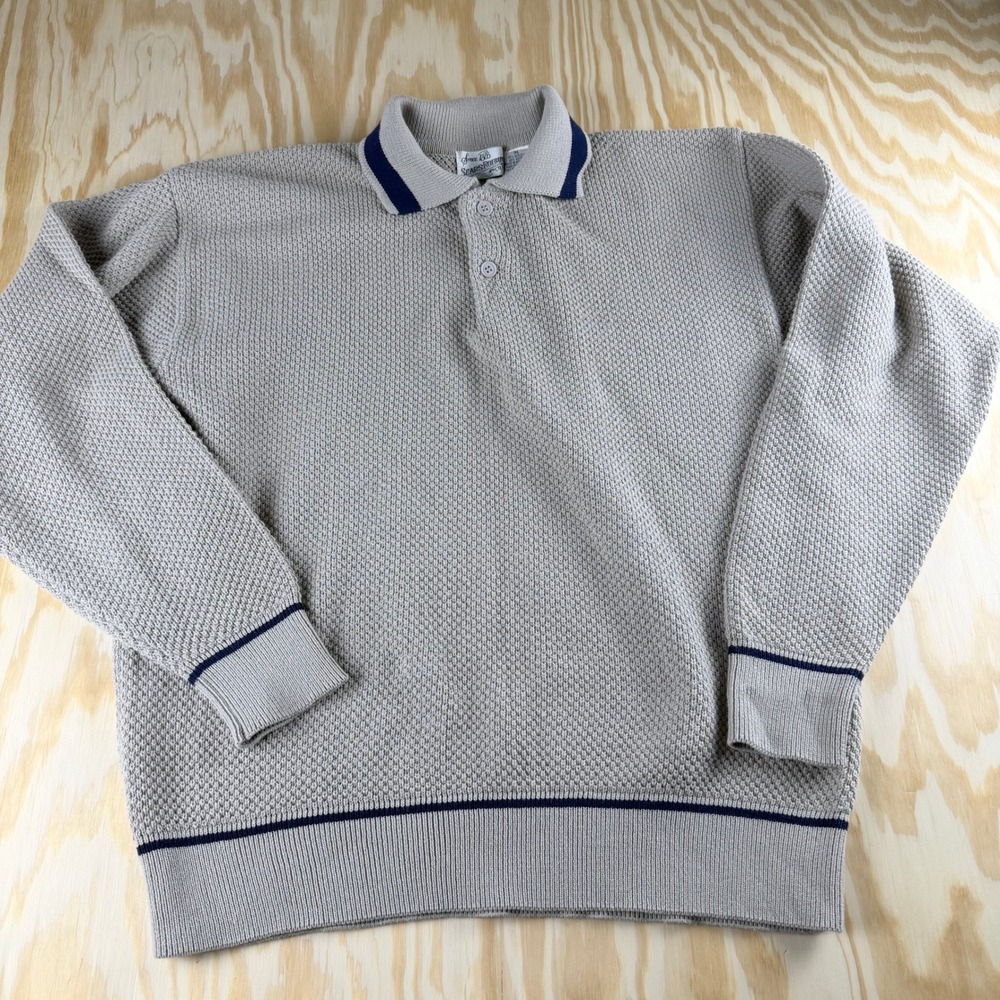 Vintage Sears Roebuck Mens XL Tan Textured Knit Long Sleeve Polo Sweater‎ Navy
